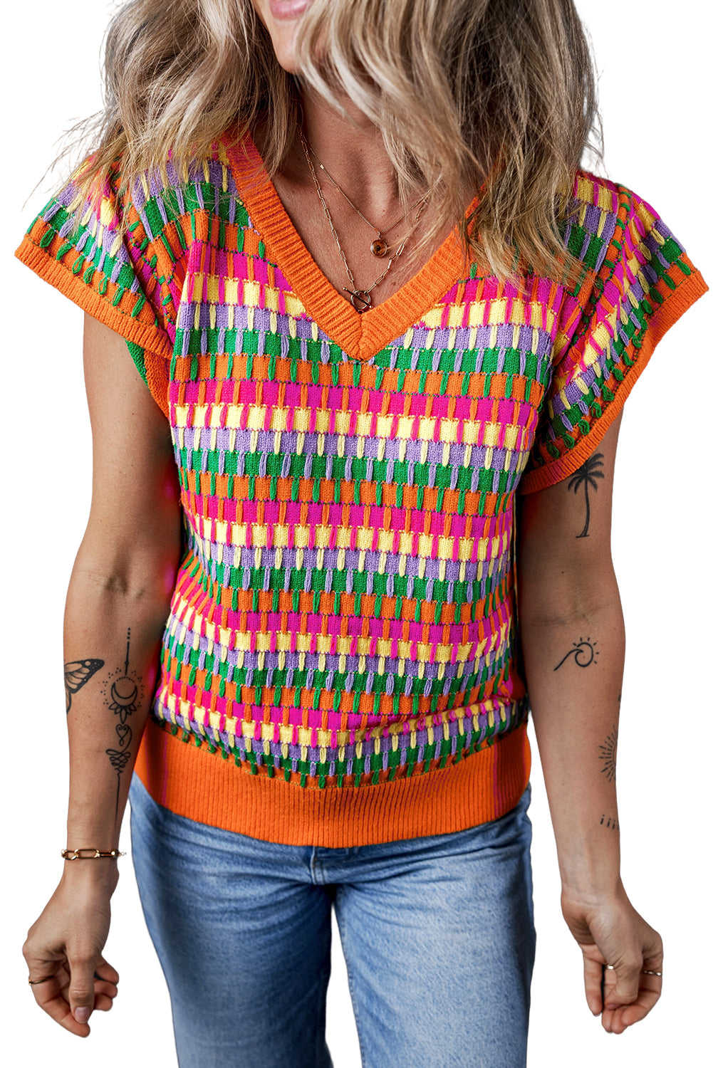 Green Colorblock Cap Sleeve Knitted Top