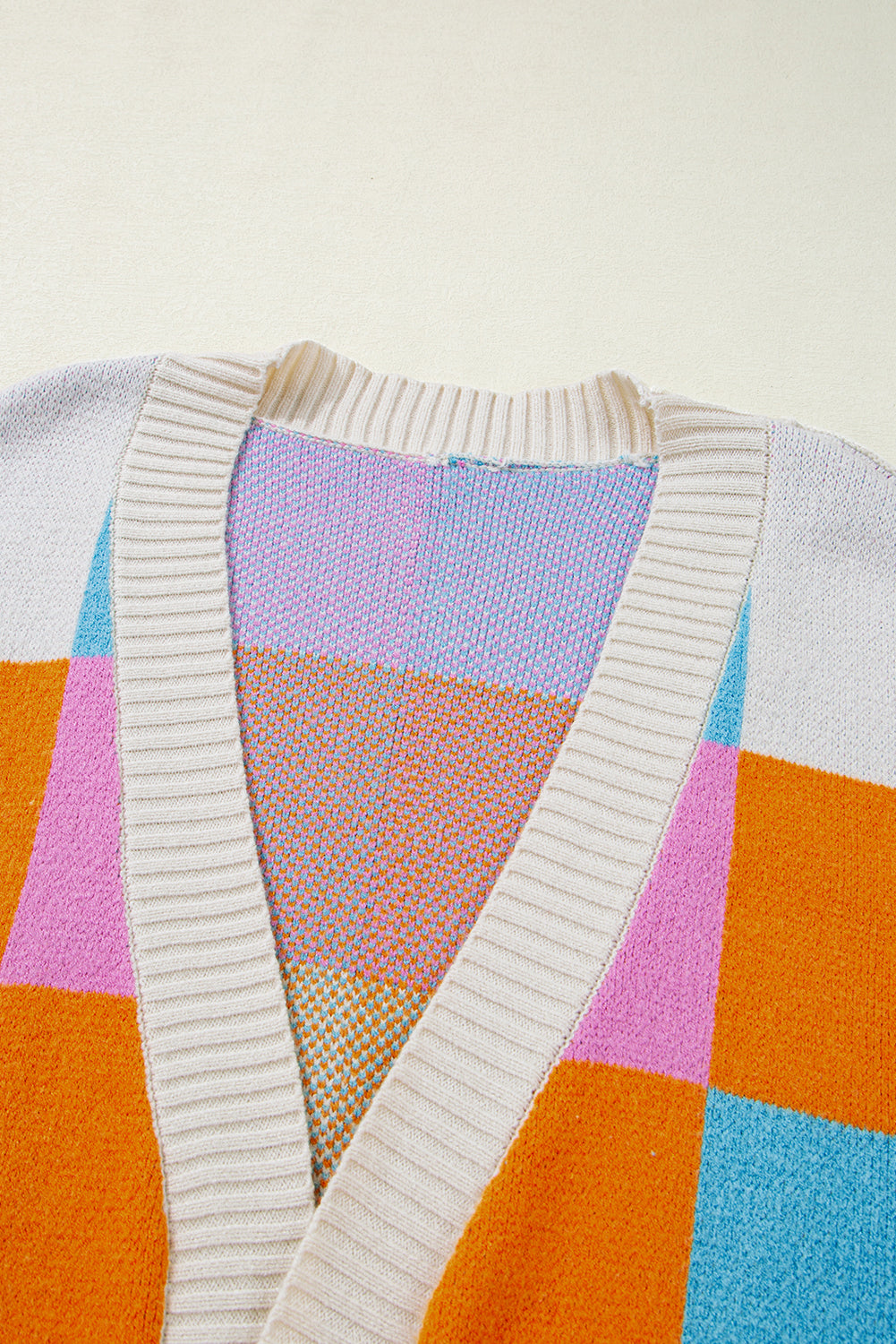 Light Blue Checkered Drop Shoulder Exposed Seam Open Front Cardigan