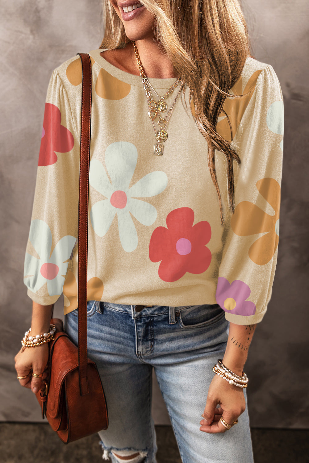Rose 60s Flower Print Ruched Bracelet Sleeve Top