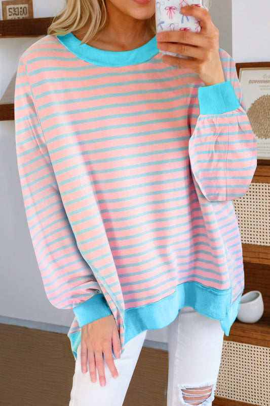 Pink Stripe Contrast Trim High Low Tunic Sweatshirt