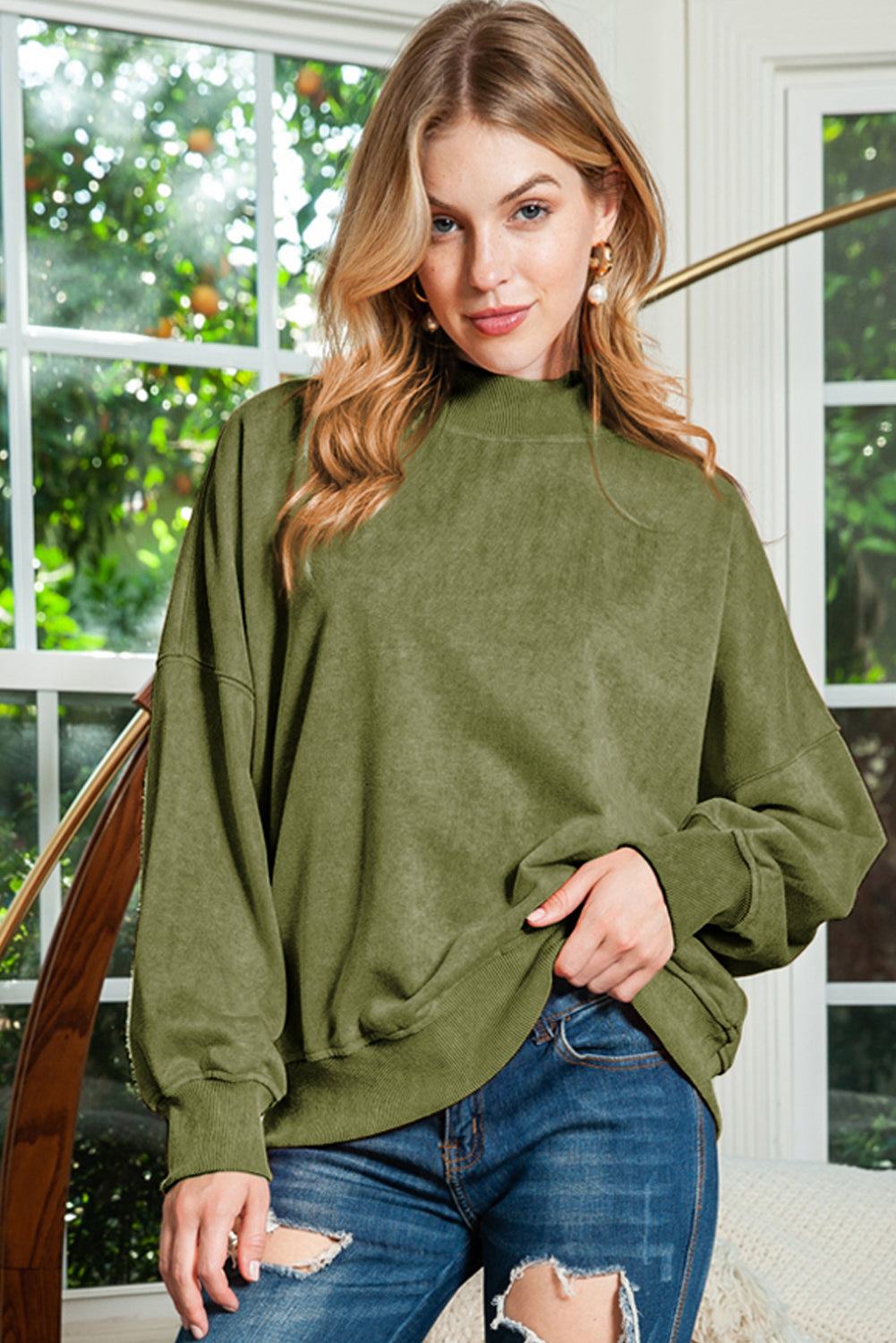Ruby Plain Drop Shoulder Crew Neck Pullover Sweatshirt