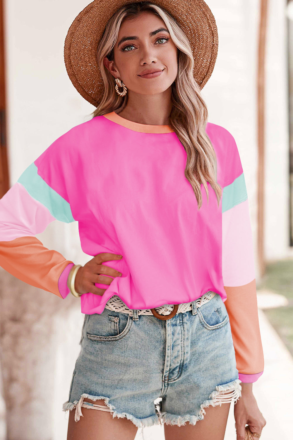 Dark Blue Color Block Sleeve Loose Fit Top
