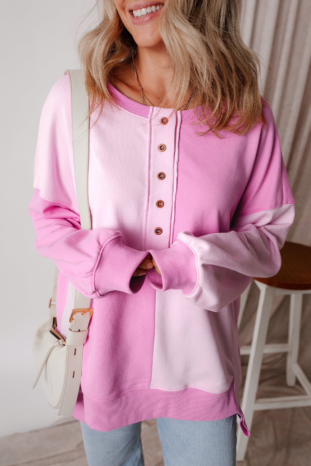 Parchment Colorblock Henley High Low Loose Sweatshirt