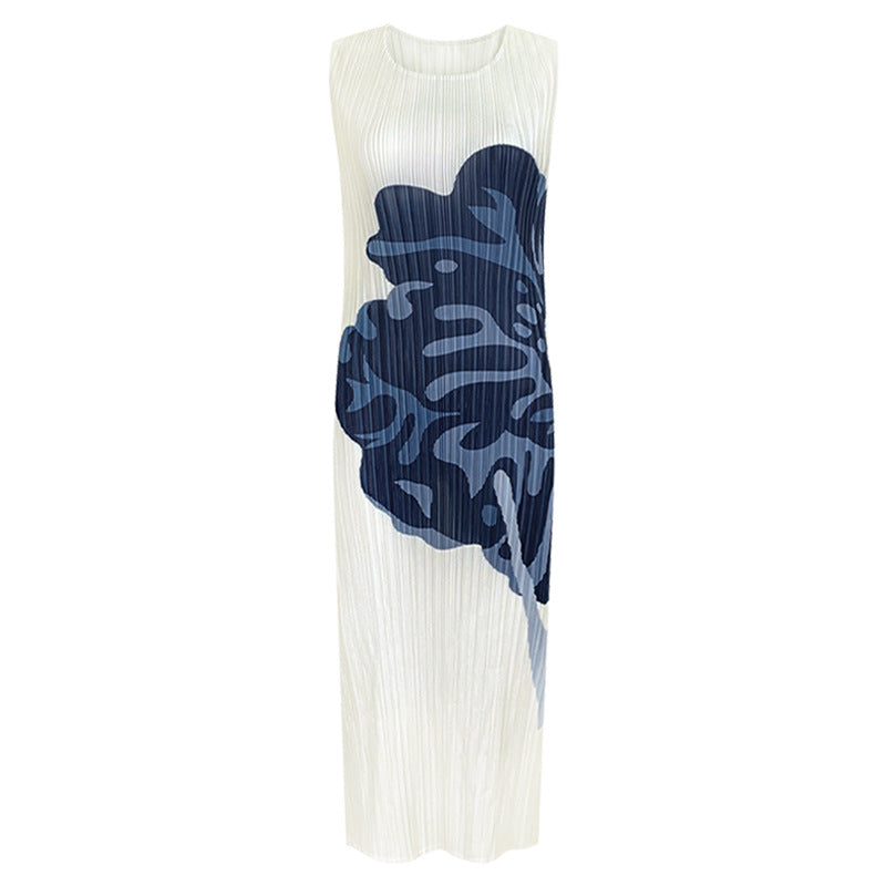 New summer casual style women's clothing design flower sleeveless round neck pleated a-line skirt dress for women