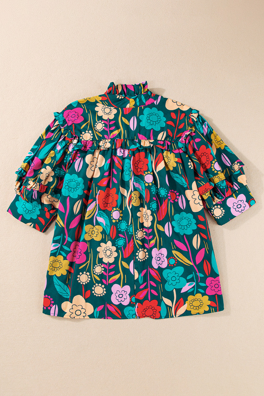 Green 60s Floral Print Puff Sleeve Tied V Neck Blouse