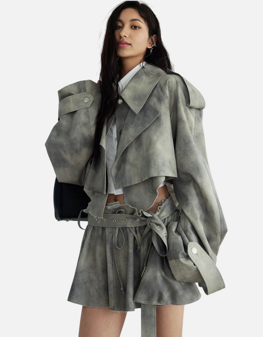 Turn Down Collar Long Sleeve Single Breasted Coats High Waist A Line Skirt 2 Pieces Sets