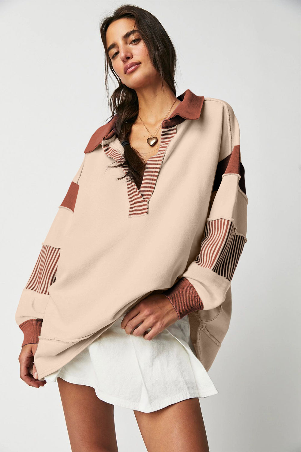 Black Striped Patchwork Collar Sweatshirt