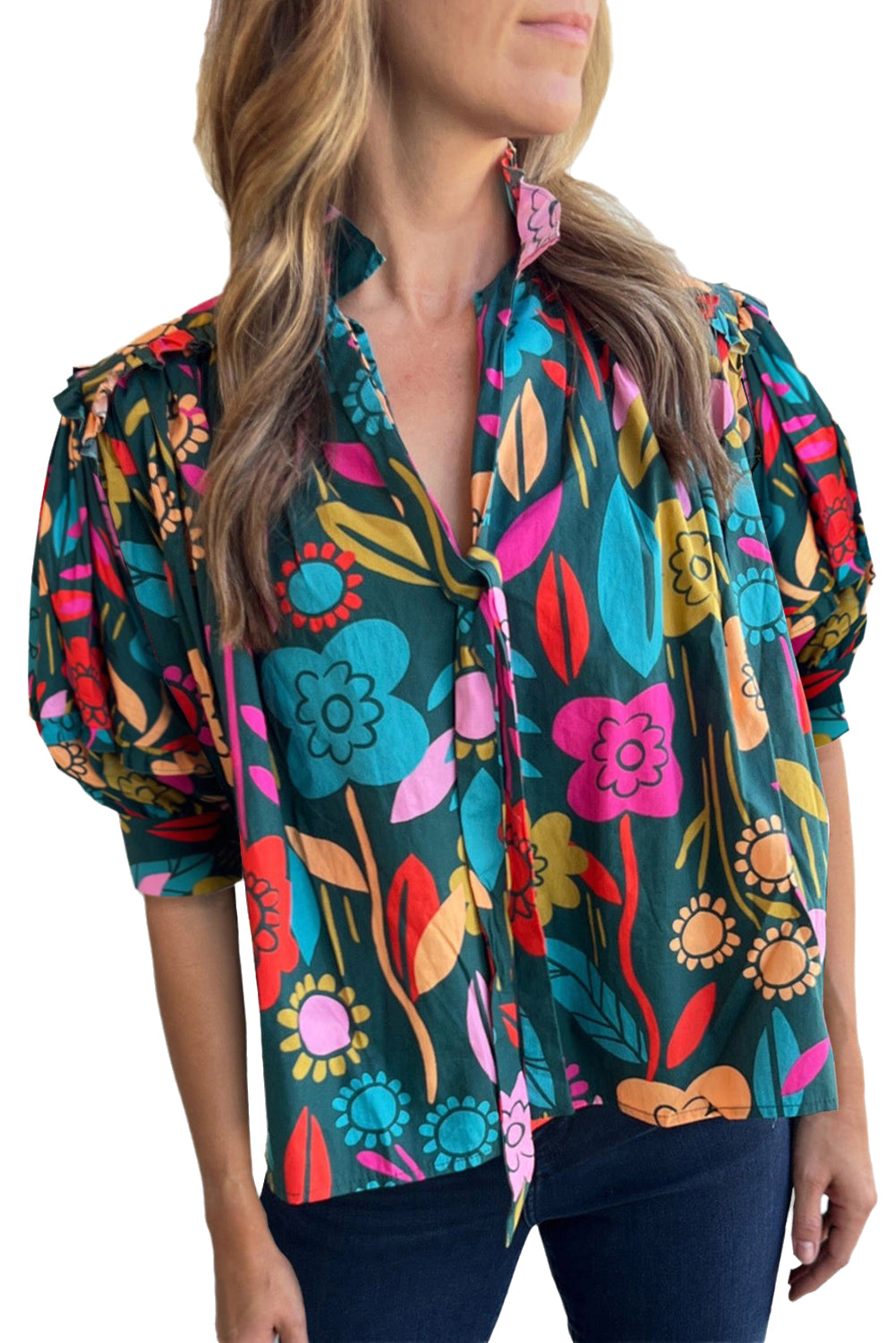 Green 60s Floral Print Puff Sleeve Tied V Neck Blouse