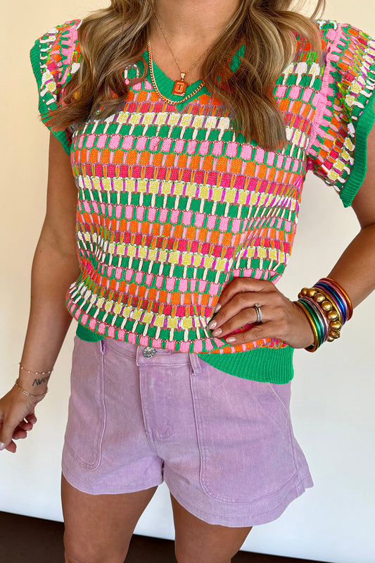 Green Colorblock Cap Sleeve Knitted Top