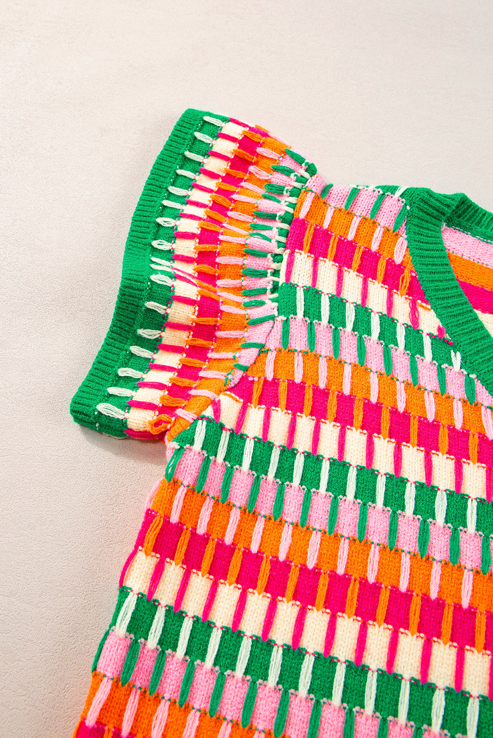 Green Colorblock Cap Sleeve Knitted Top