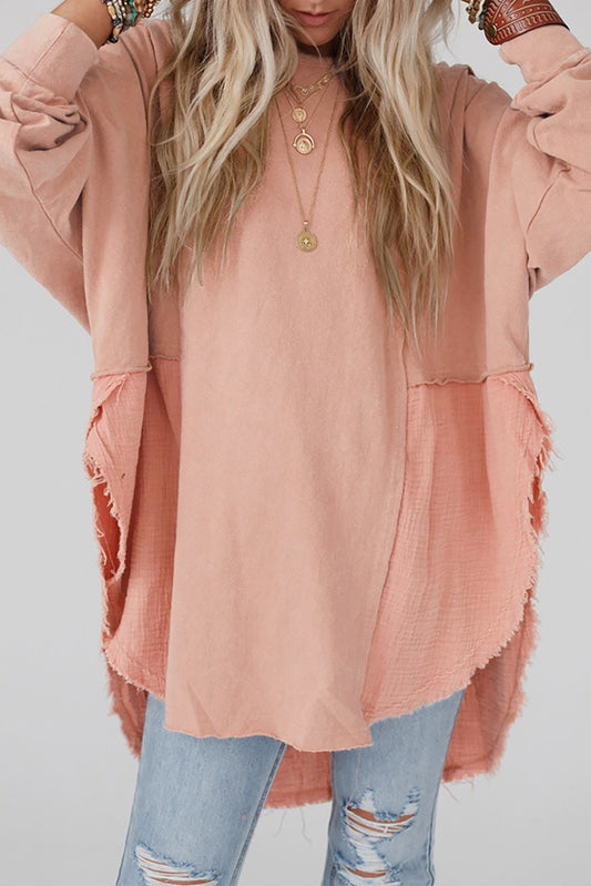 Orange Crinkled Patchwork Raw Hem Oversized Top