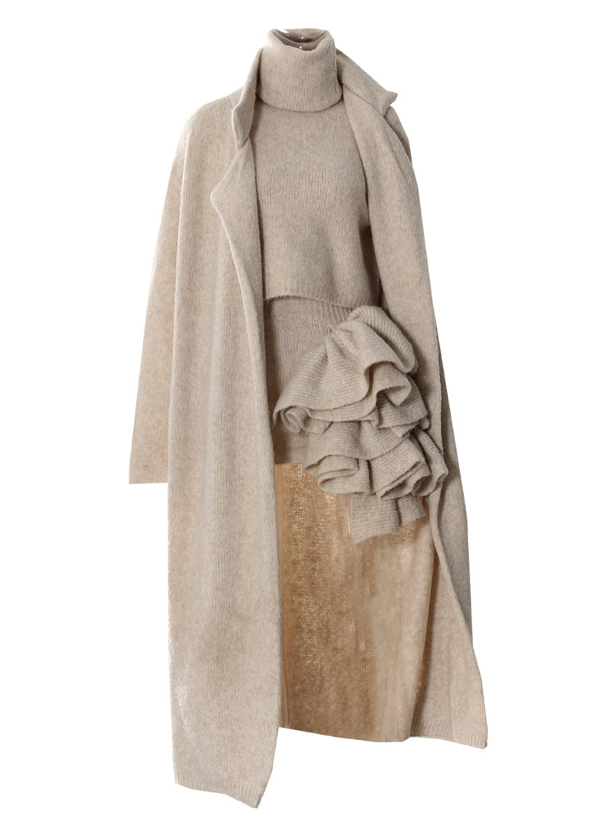 Women Skirt Sets Long Sweater Coat Turtleneck Sleeveless Knitted Vest With Skirt Three Pieces Sets
