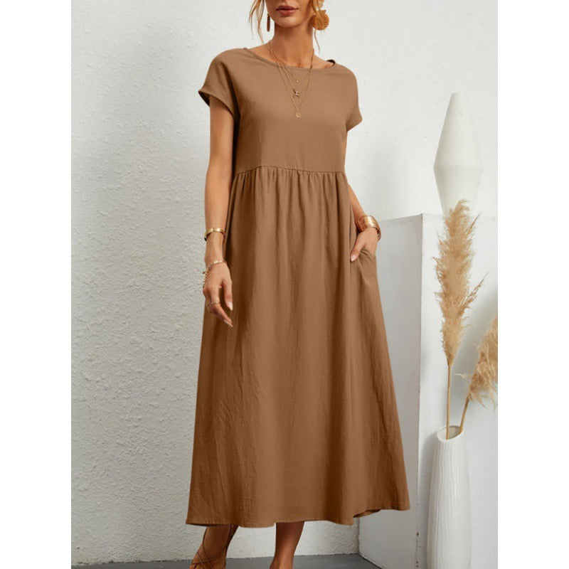 Solid color sleeveless loose cotton linen pocket dress