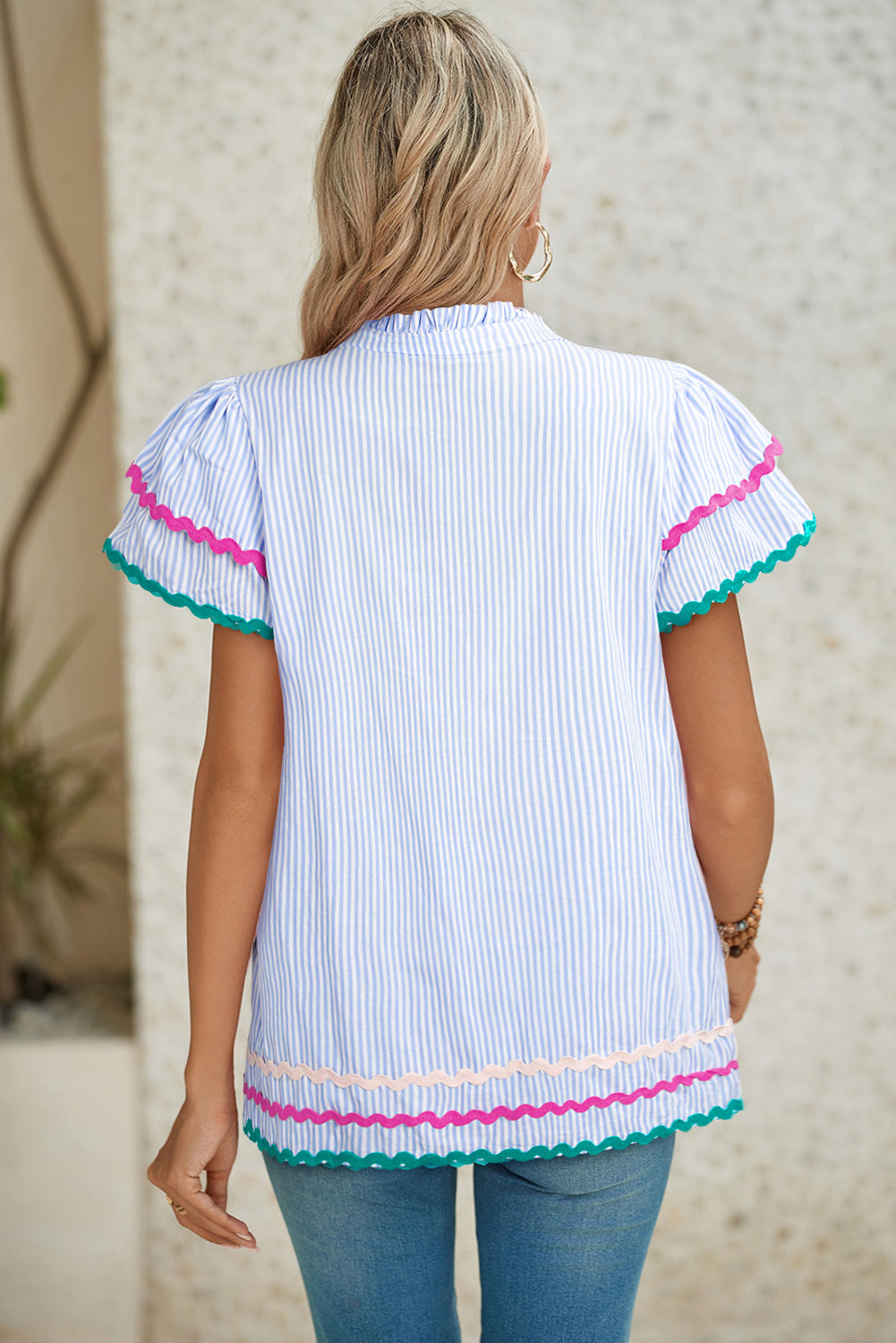 Pink Striped Ricrac Splicing Frill V-Neck Blouse
