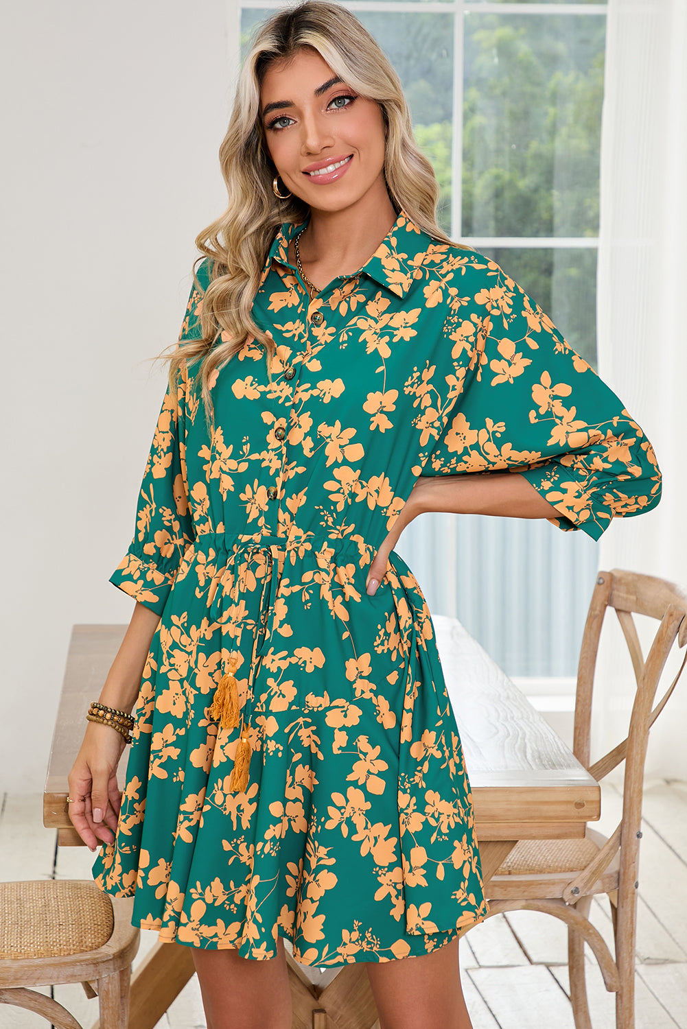 Pink Floral Print Drawstring Flowy Short Dress