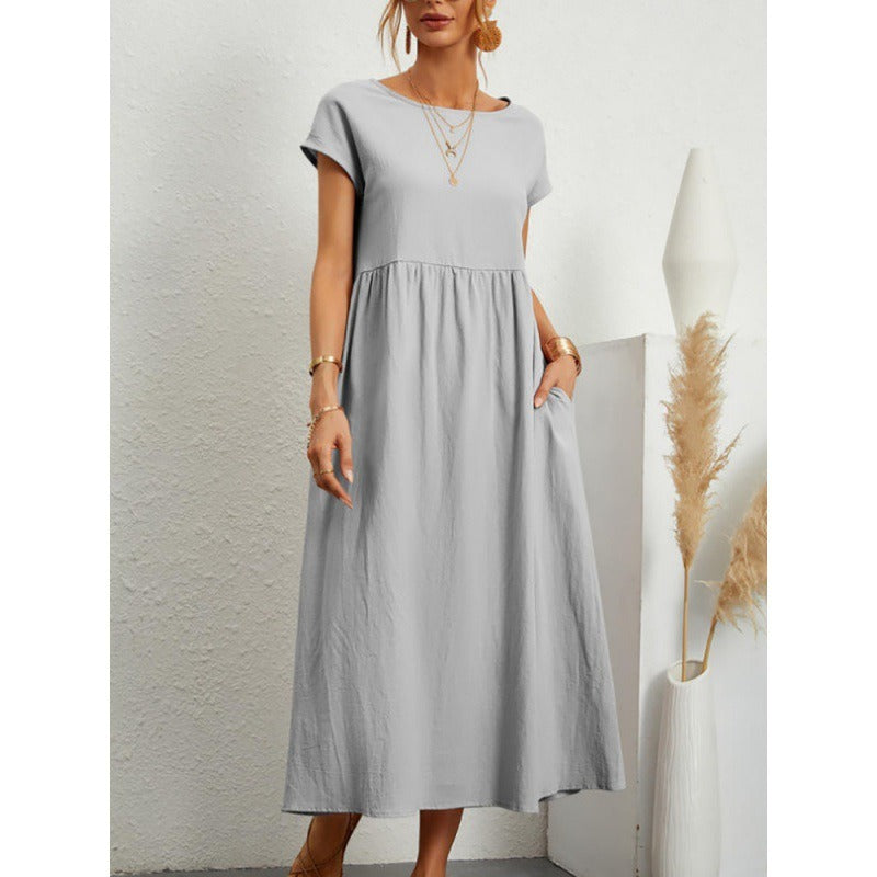 Solid color sleeveless loose cotton linen pocket dress