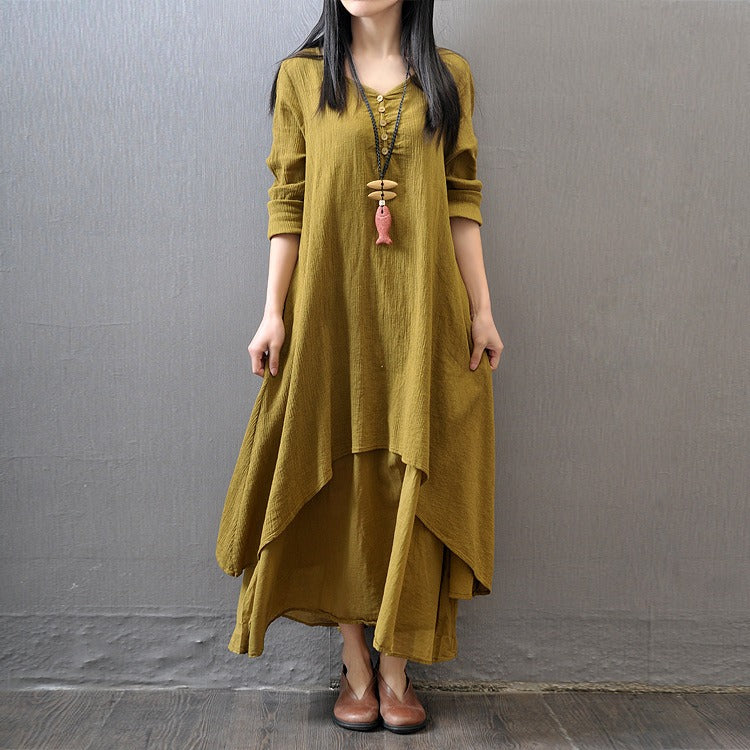 Long skirt large hem linen dress loose long-sleeved cotton linen skirt
