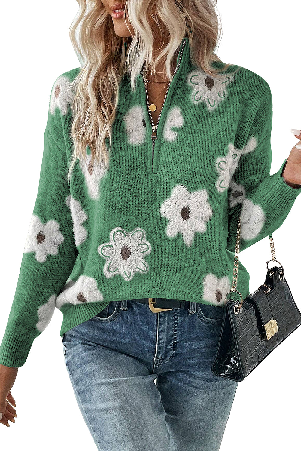 Green Vintage 60s Floral Pattern Half Zip Collar Drop Shoulder Sweater