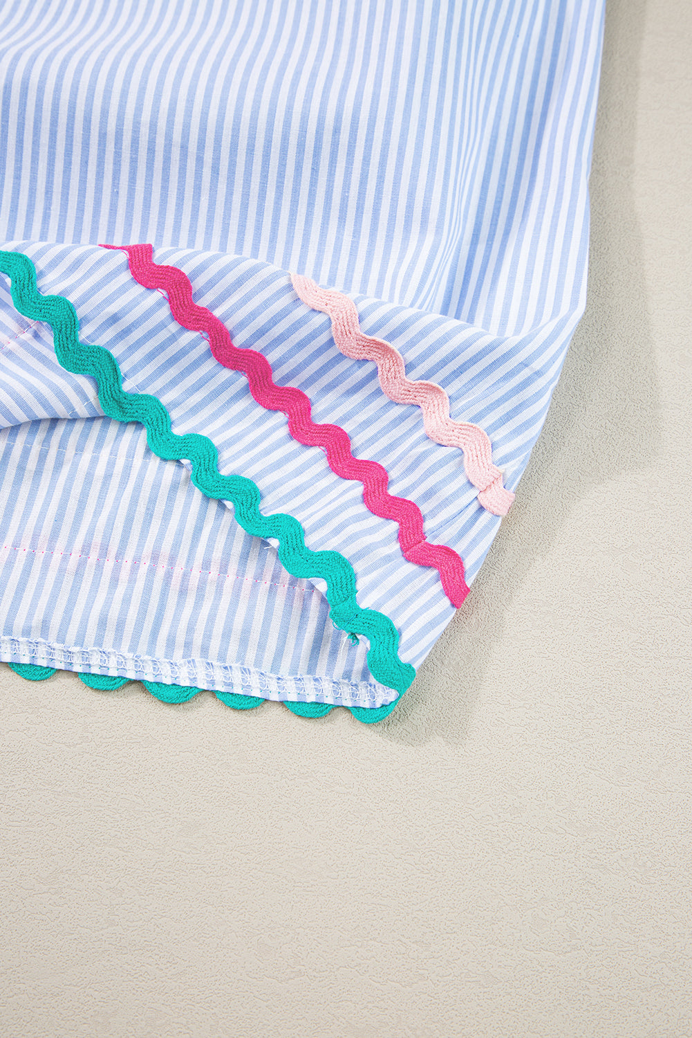 Pink Striped Ricrac Splicing Frill V-Neck Blouse
