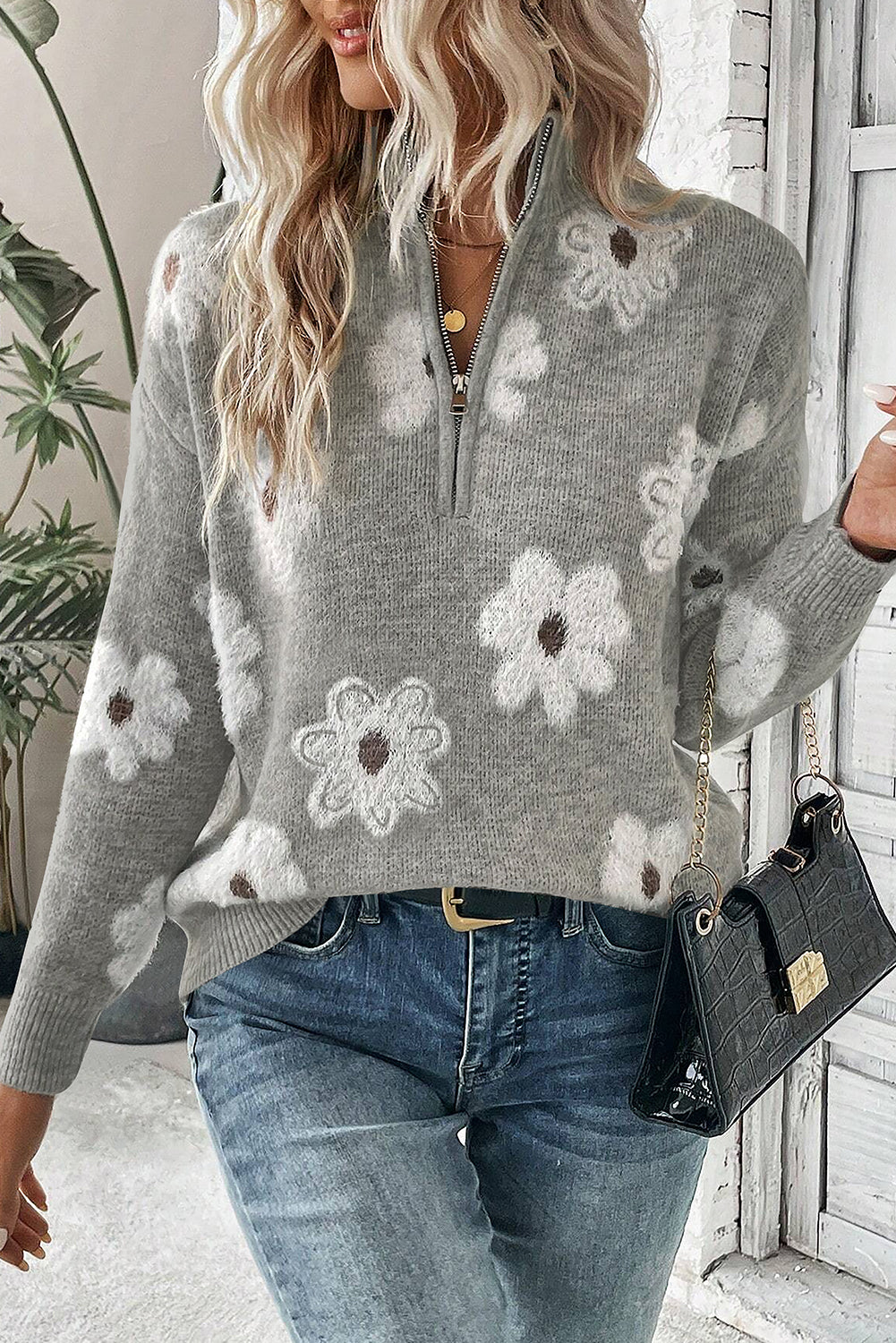Green Vintage 60s Floral Pattern Half Zip Collar Drop Shoulder Sweater