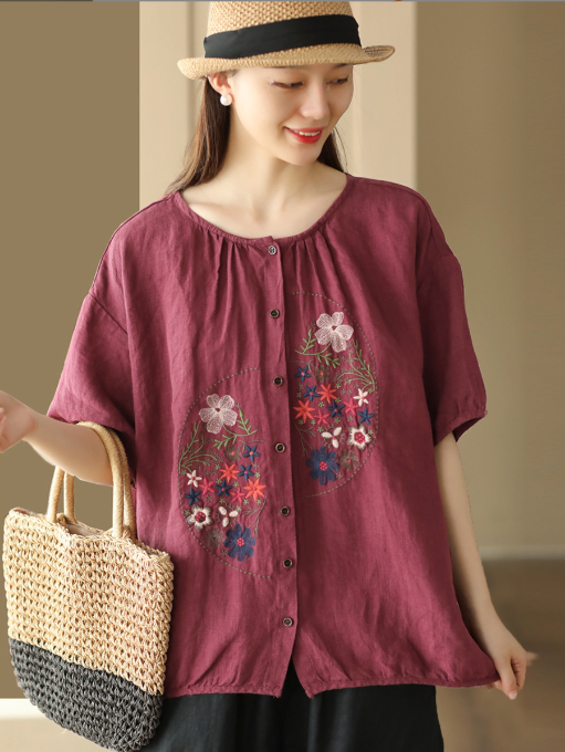 Women linen embroidered single coat
