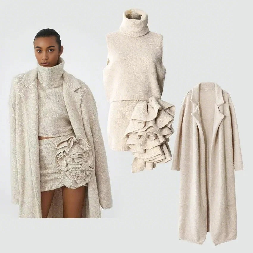 Women Skirt Sets Long Sweater Coat Turtleneck Sleeveless Knitted Vest With Skirt Three Pieces Sets