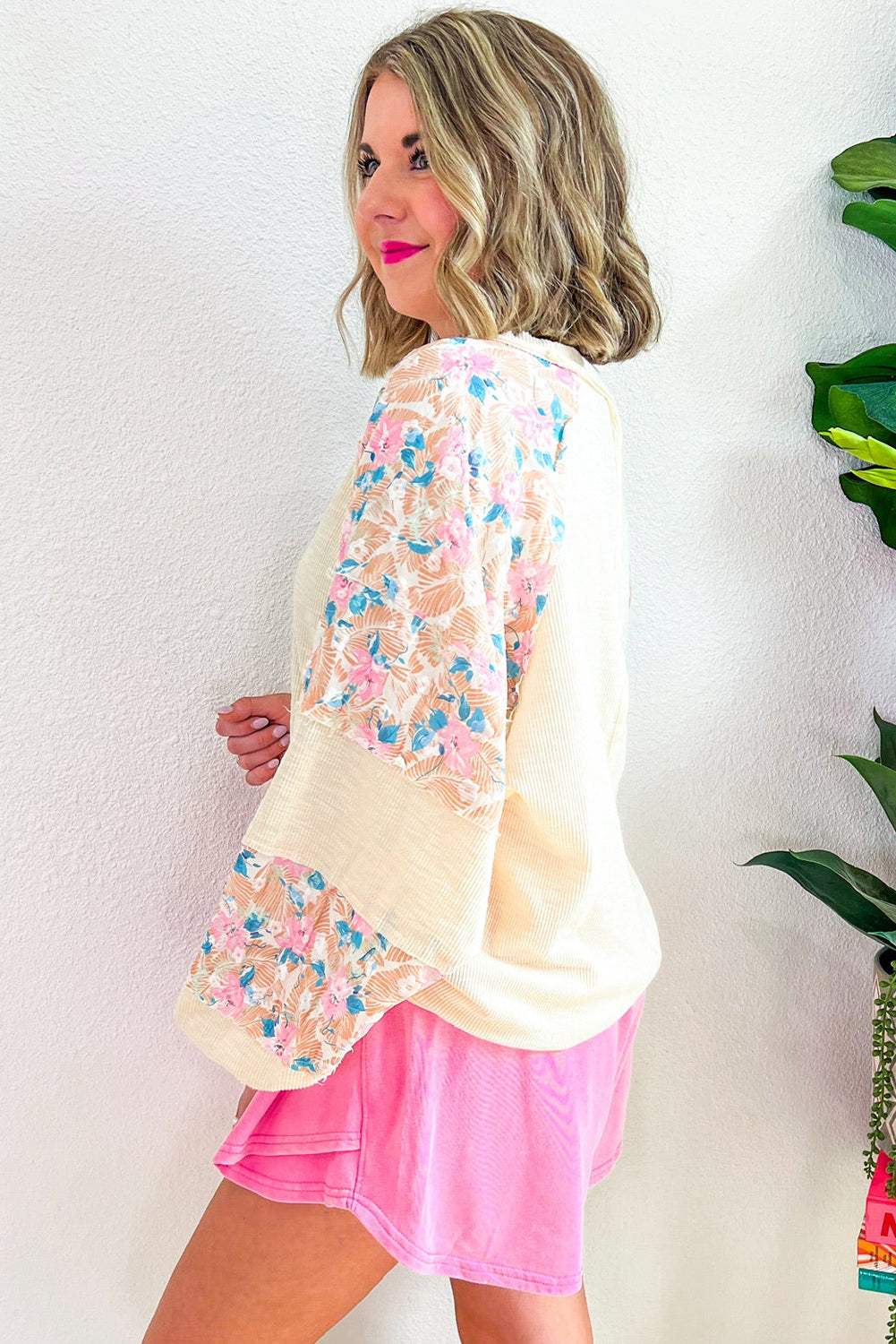 Beau Blue Ribbed Floral Patchwork Balloon Sleeve Top