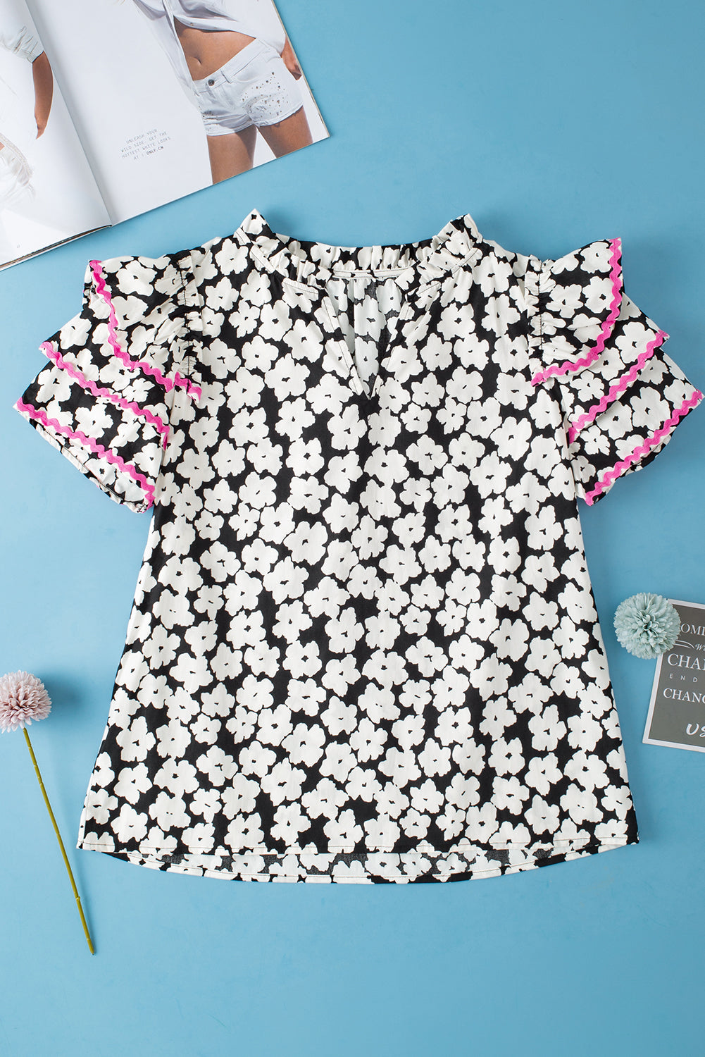 Pink Contrast Ric Rac Layered Ruffle Sleeve Floral Blouse