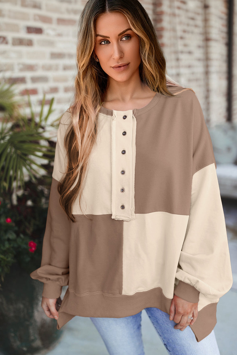 Parchment Colorblock Henley High Low Loose Sweatshirt