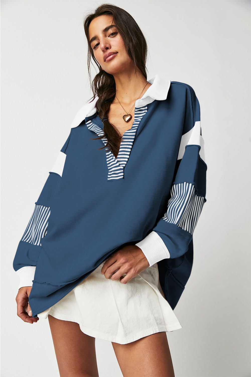 Black Striped Patchwork Collar Sweatshirt