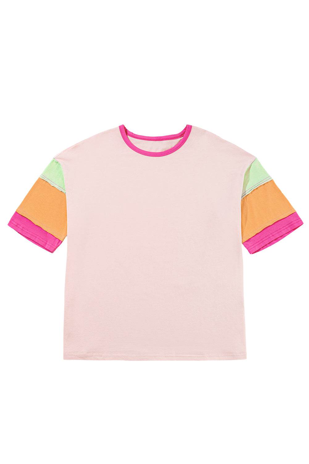 Pink Color Block Sleeve Round Neck Oversize Top