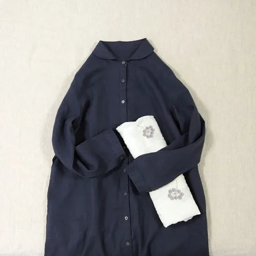 Cotton Linen Mid Length Loose Long Sleeve Dresses