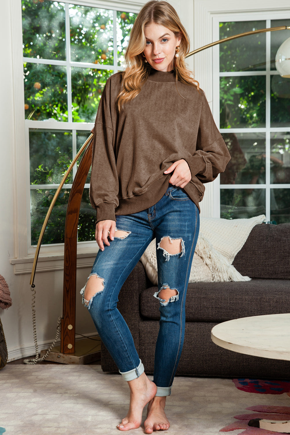 Ruby Plain Drop Shoulder Crew Neck Pullover Sweatshirt