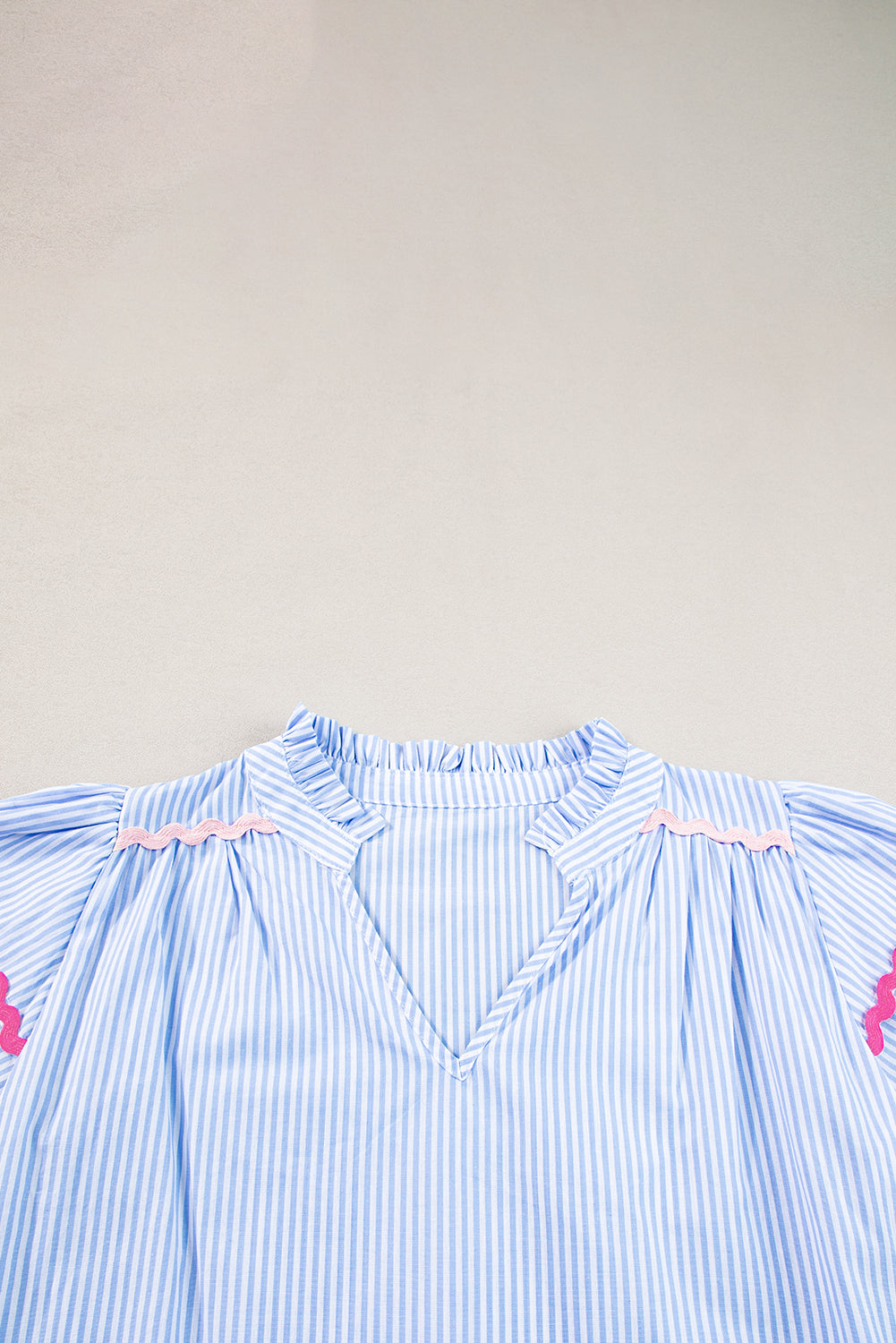 Pink Striped Ricrac Splicing Frill V-Neck Blouse