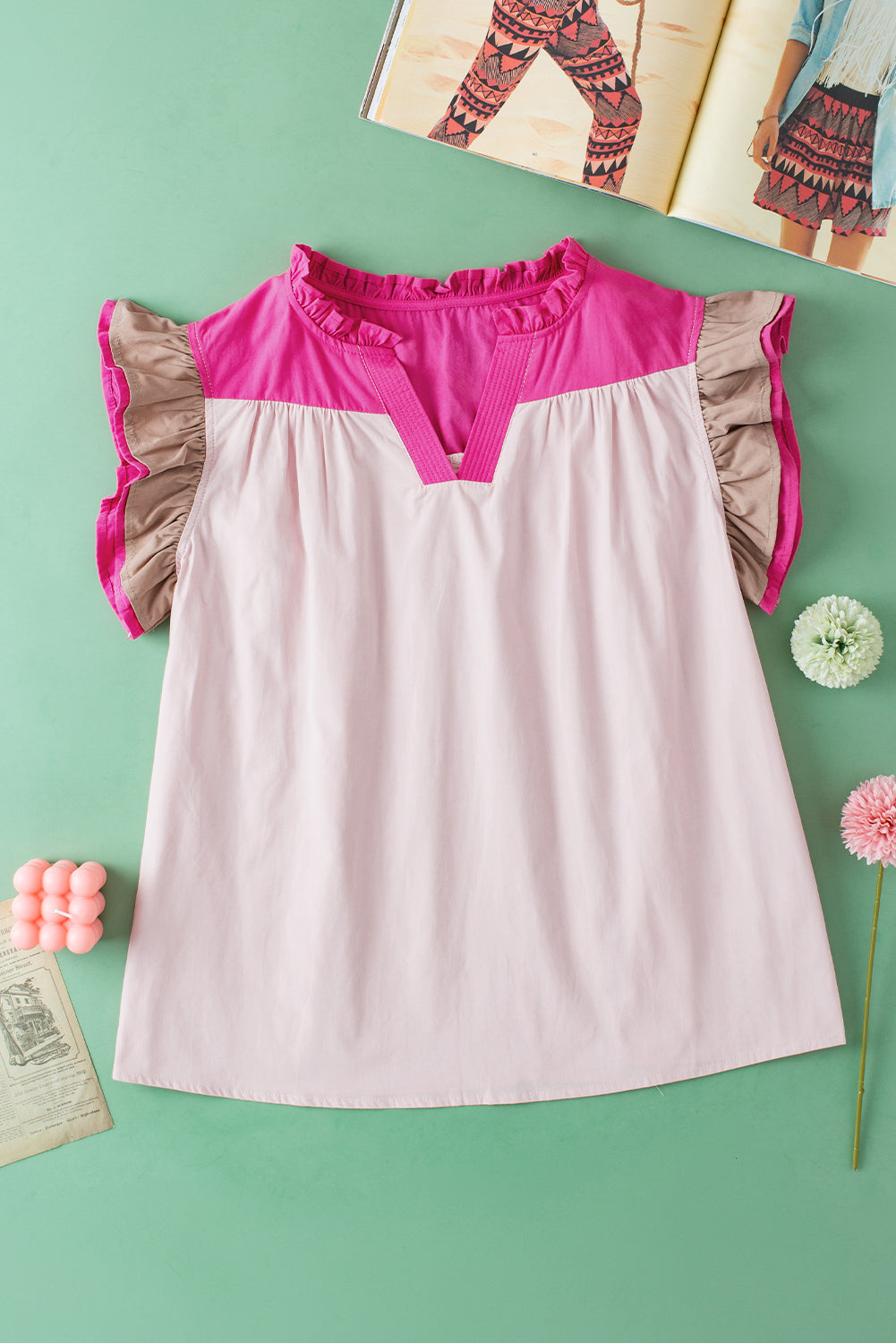 Mist Blue Colorblock Ruffled Sleeve Frill V Neck Blouse