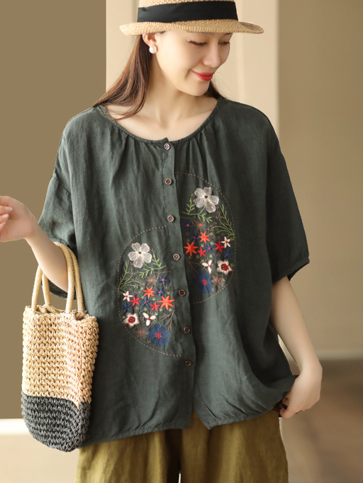 Women linen embroidered single coat