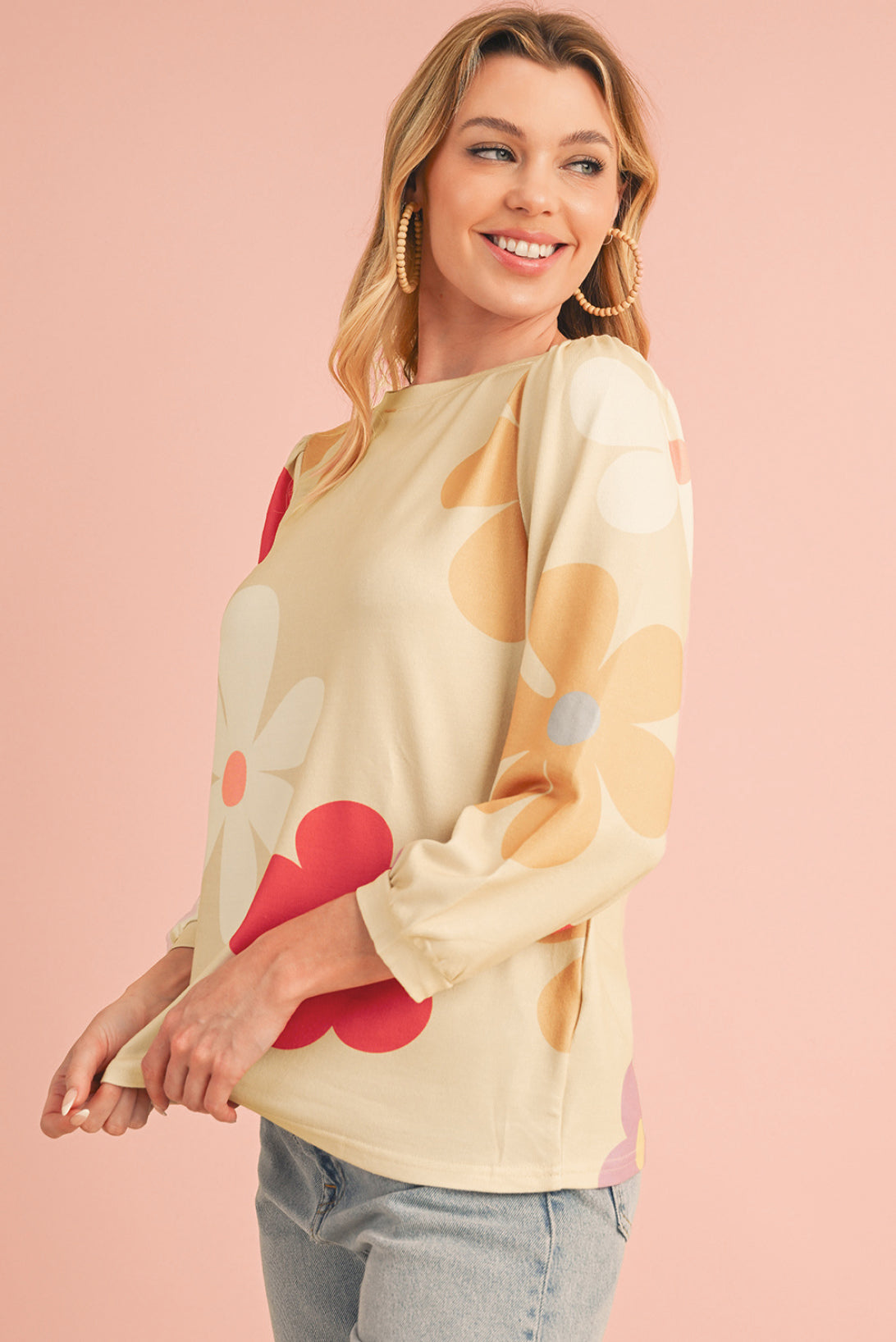 Rose 60s Flower Print Ruched Bracelet Sleeve Top