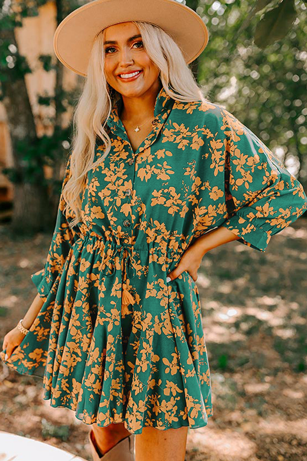 Pink Floral Print Drawstring Flowy Short Dress