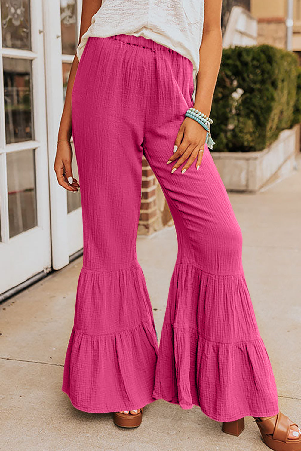 Green Ruffle High Waist Flared Pants