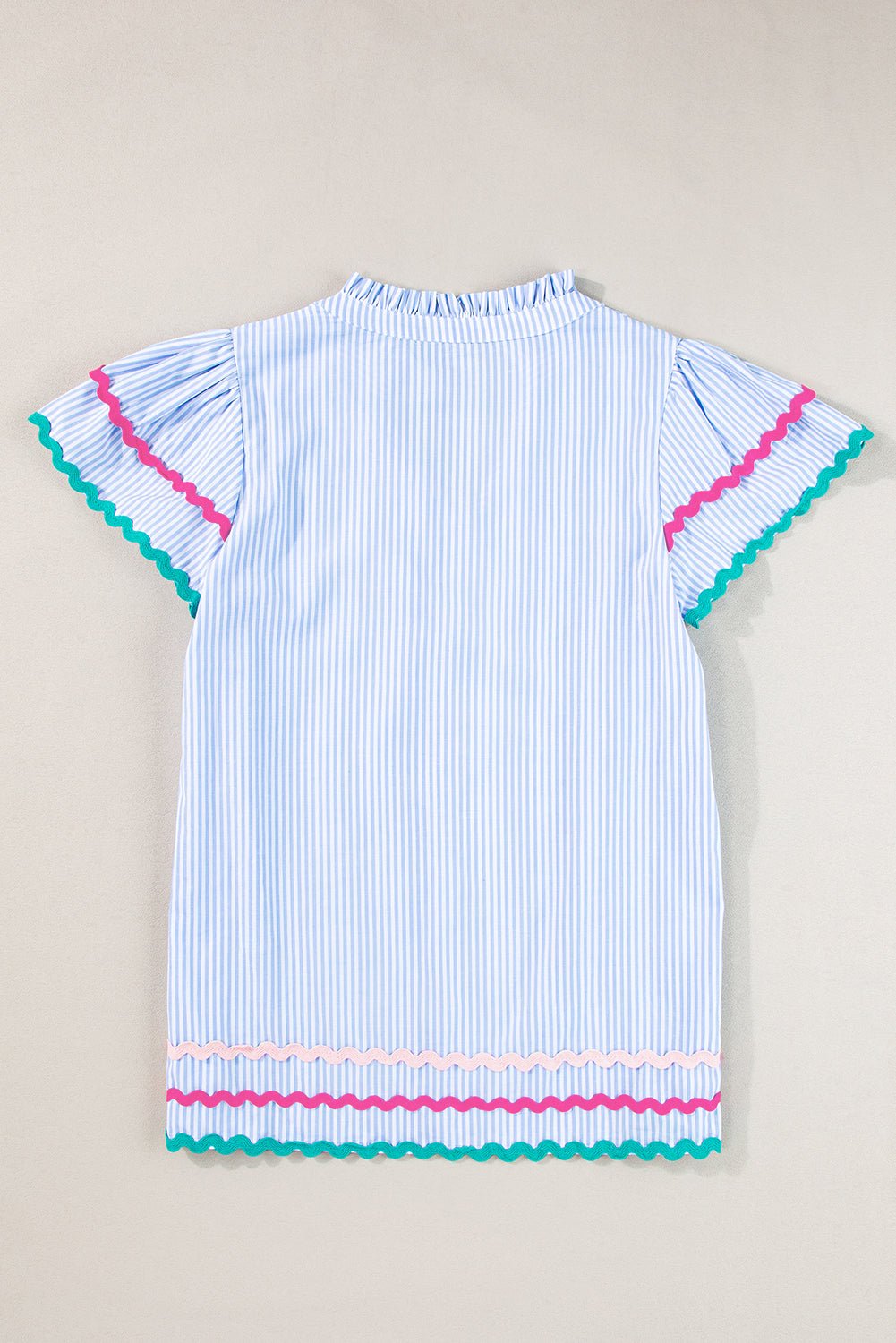 Pink Striped Ricrac Splicing Frill V-Neck Blouse