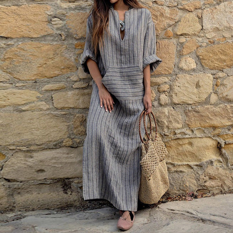 New cotton and linen color woven striped loose length dress
