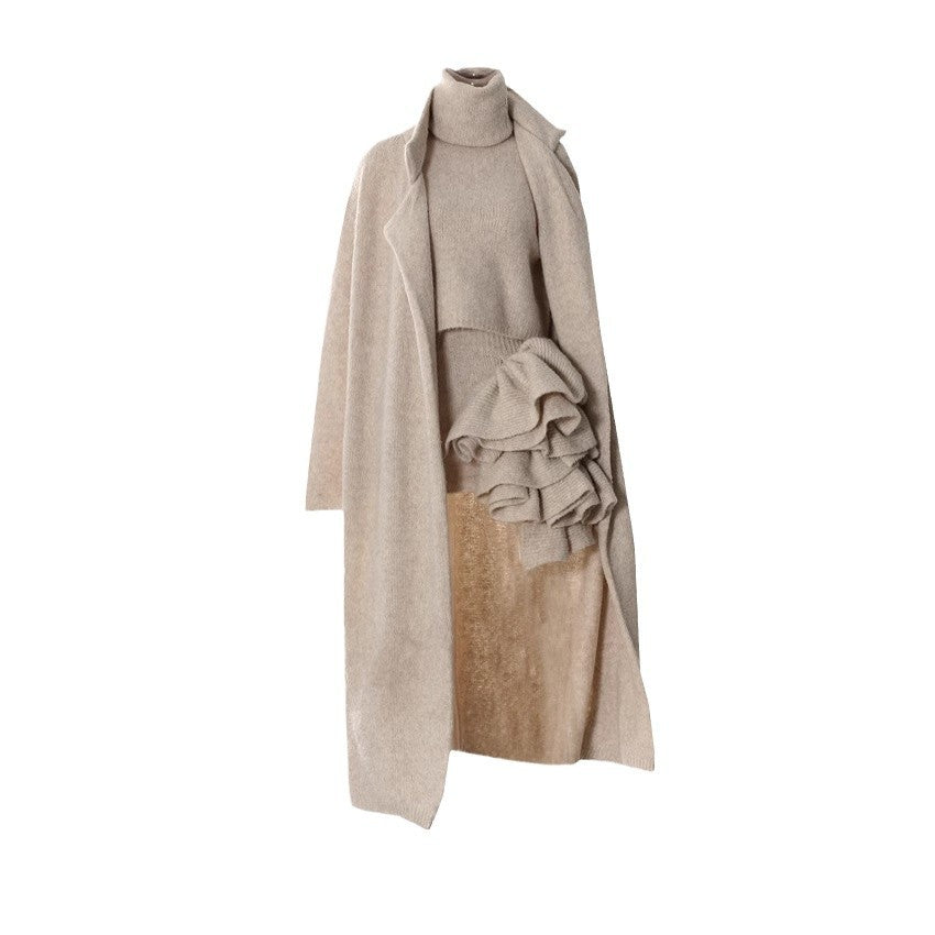 Women Skirt Sets Long Sweater Coat Turtleneck Sleeveless Knitted Vest With Skirt Three Pieces Sets