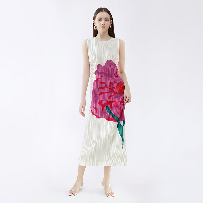 New summer casual style women's clothing design flower sleeveless round neck pleated a-line skirt dress for women