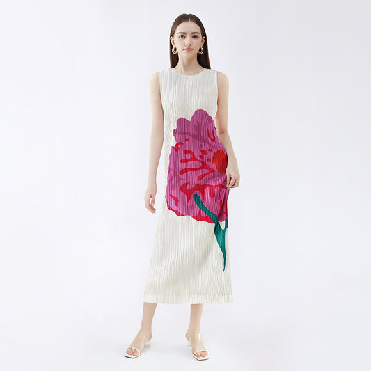New summer casual style women's clothing design flower sleeveless round neck pleated a-line skirt dress for women