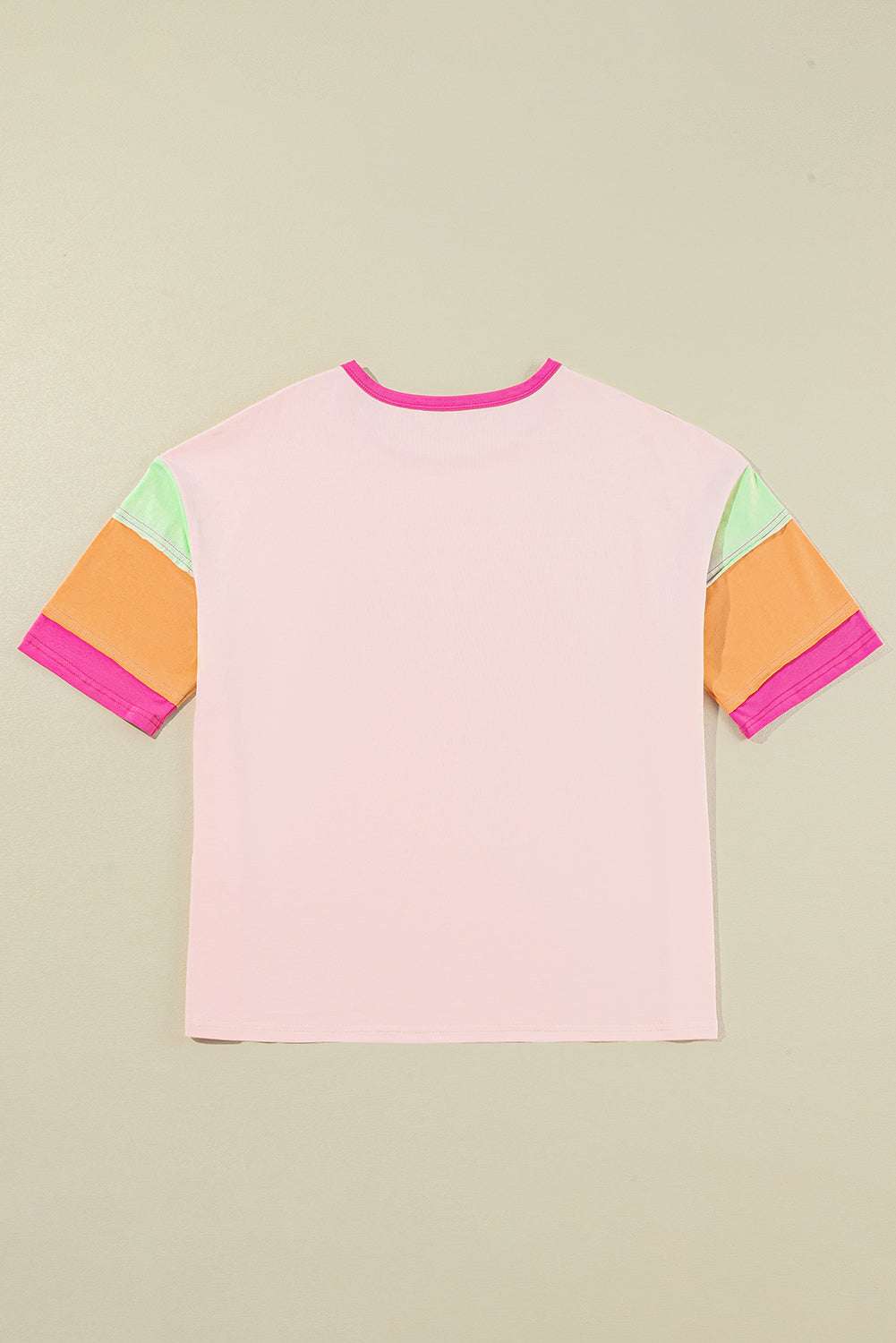 Pink Color Block Sleeve Round Neck Oversize Top