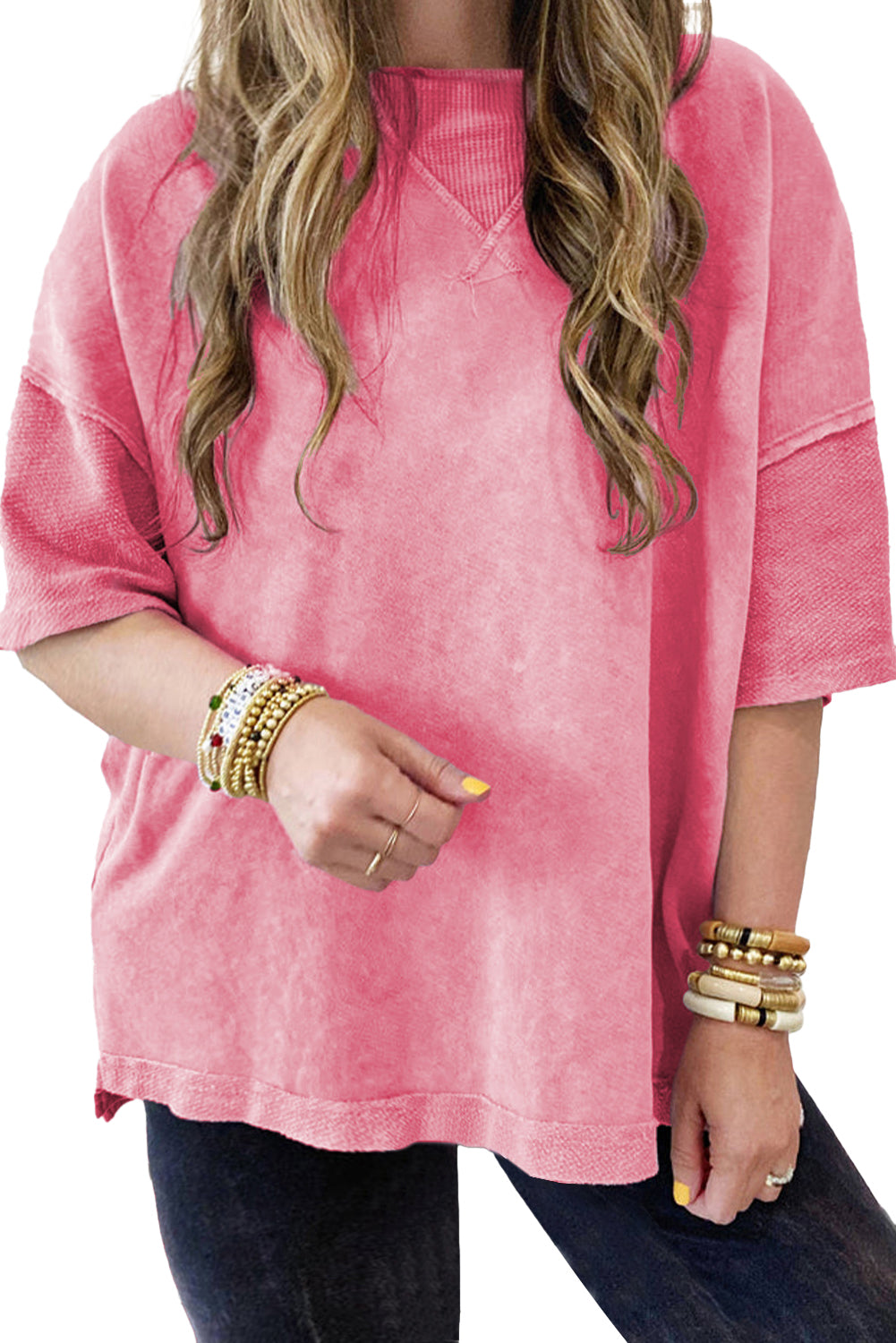 Strawberry Pink Mineral Wash Drop Sleeve Patchwork Plus Size Tee