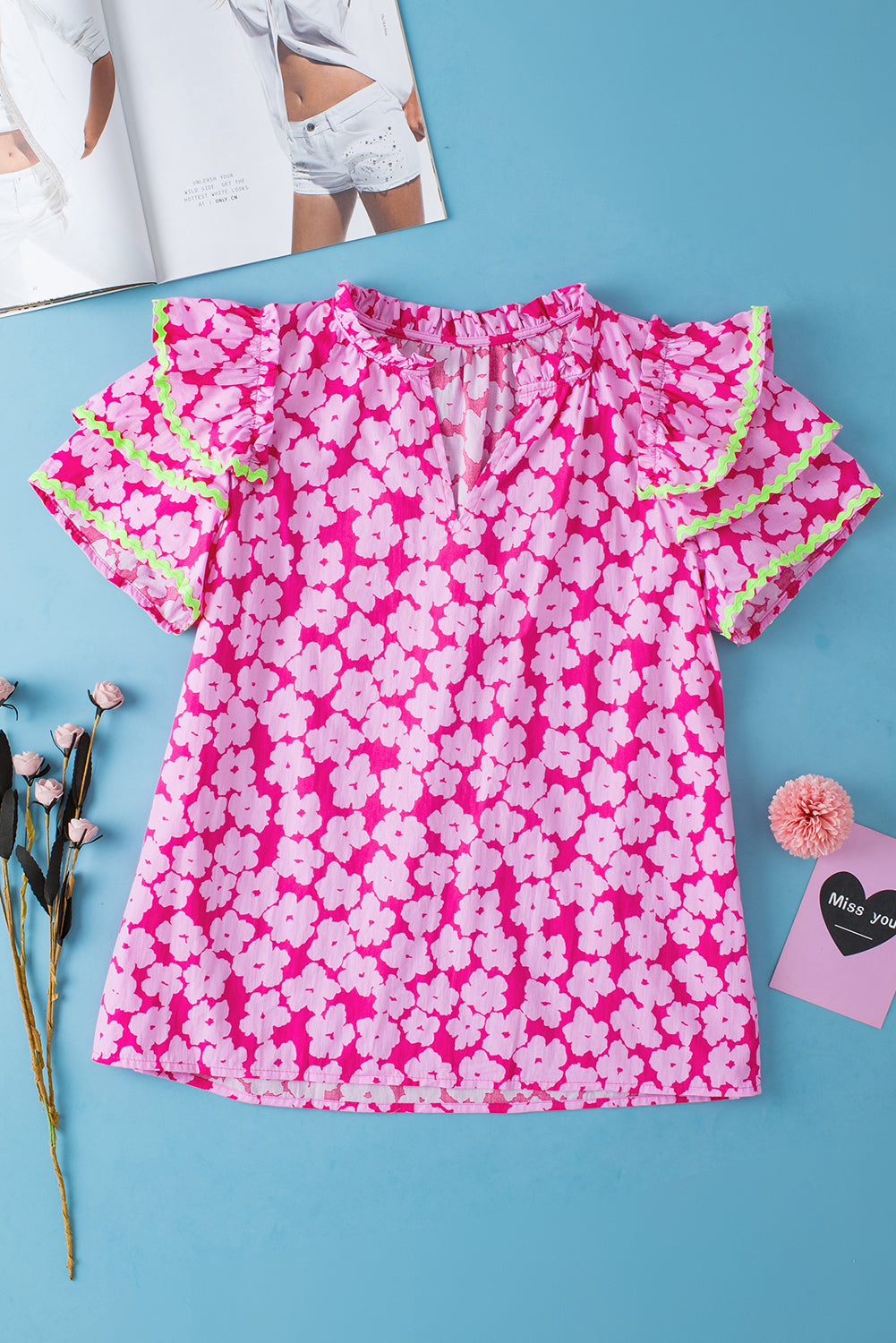 Pink Contrast Ric Rac Layered Ruffle Sleeve Floral Blouse