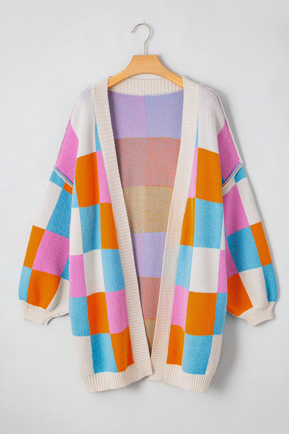 Light Blue Checkered Drop Shoulder Exposed Seam Open Front Cardigan