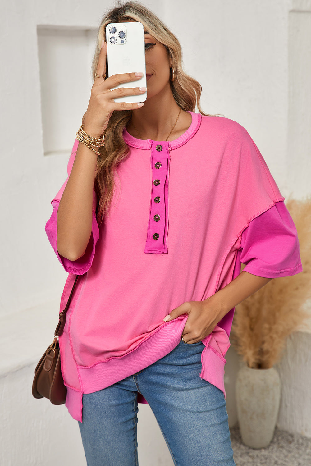 Bright Green Contrast Color Patchwork Oversized Henley T Shirt