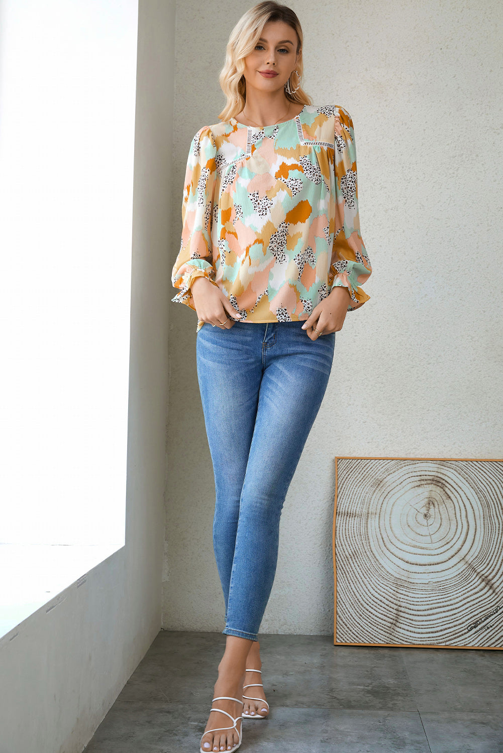 Multicolor Abstract Print Boho Frill Long Sleeve Blouse